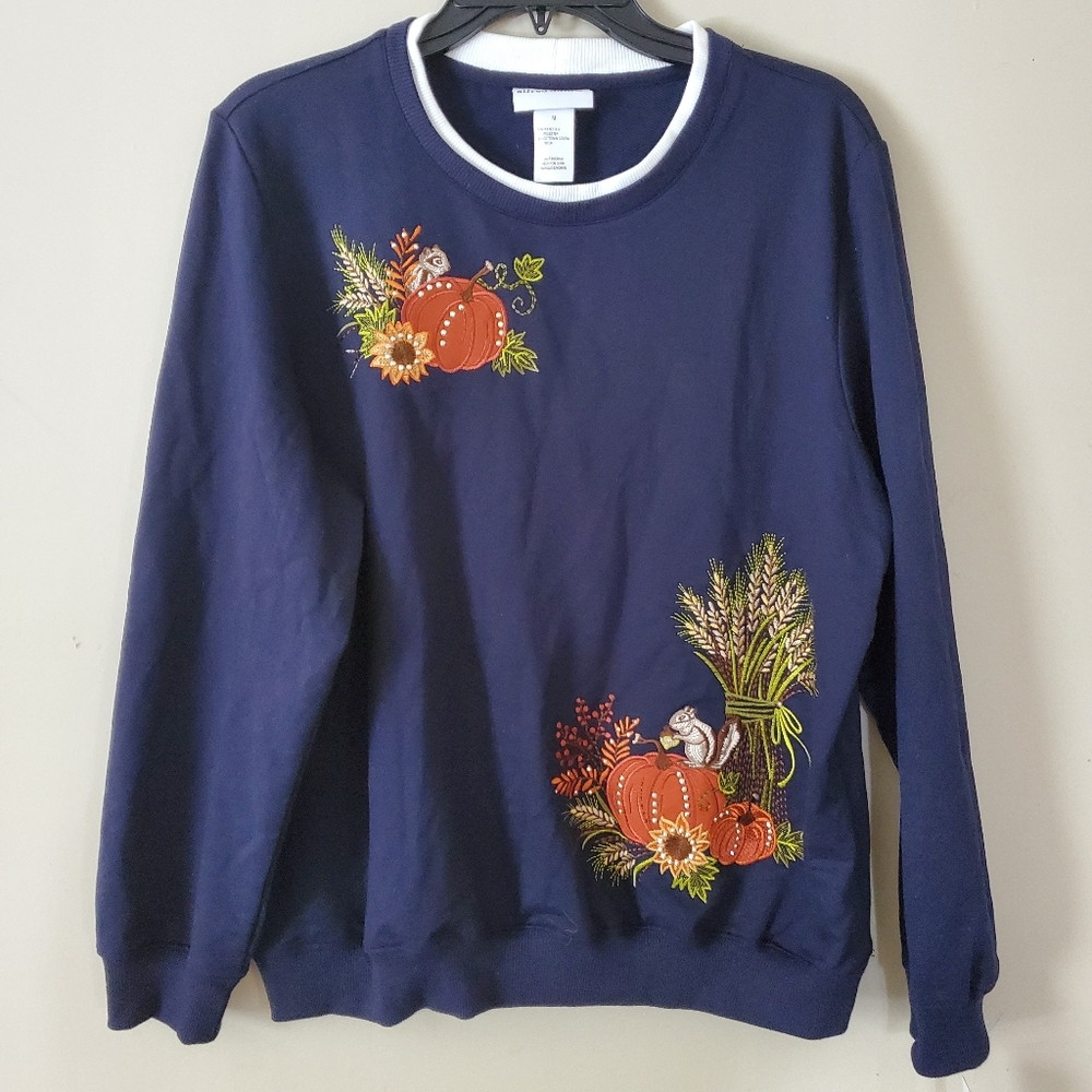 NWT Alfred Dunner Embroidered Squirrel Pumpkin Fall Crewneck Sweater MEDIUM Blue